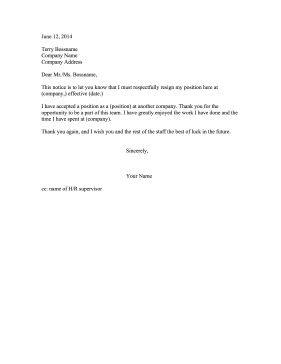 Resignation Letter Other Company Resignation Letter