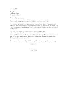 Resignation Letter Refuse Noncompete Resignation Letter