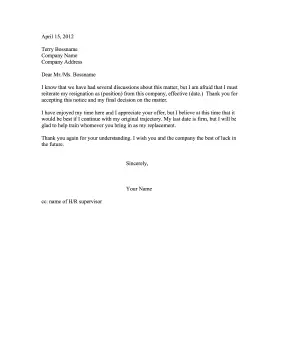 Refusing To Stay Resignation Letter