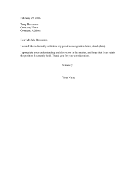 Withdrawal of Resignation Letter Resignation Letter