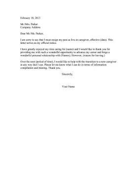 Caregiver Resignation Letter Resignation Letter