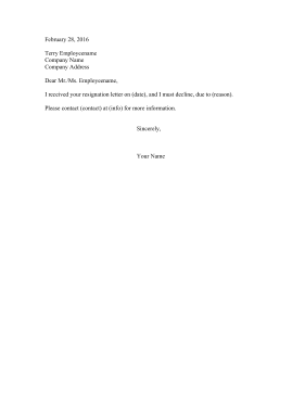 Negative Resignation Rejection Letter Resignation Letter