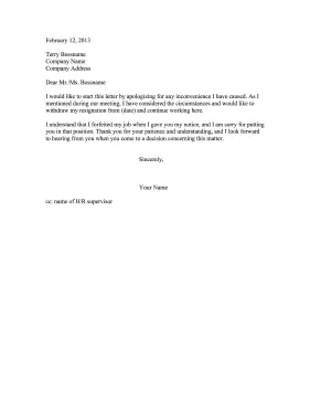 Resignation Retraction Changed Mind Resignation Letter