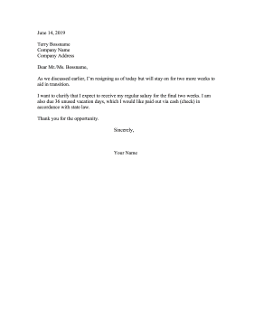 Resignation Vacation Pay Resignation Letter