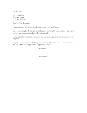 Resigning For Job With Flexible Schedule Resignation Letter