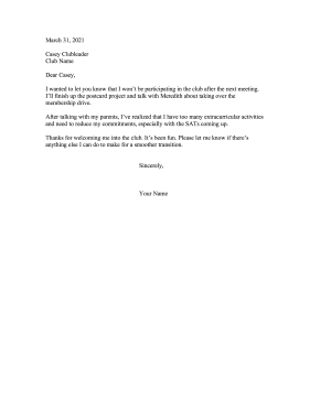 Resigning From Club Teen Resignation Letter