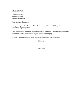 Resigning From Short Term Position Resignation Letter