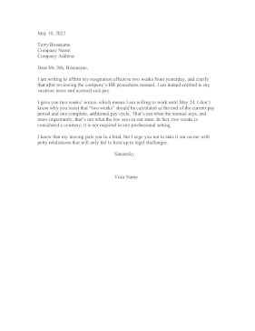 Resigning Less Than Two Weeks Exception Resignation Letter