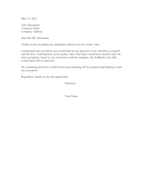 Resigning Refusing Exit Interview Resignation Letter
