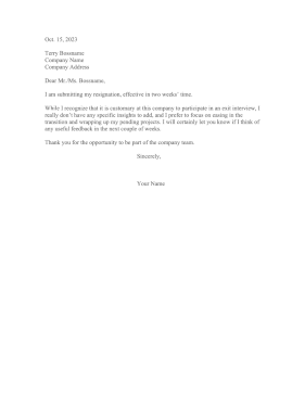 Resigning While Declining Exit Interview Resignation Letter