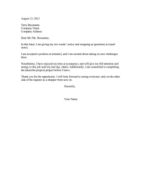 Retail Resignation Letter Resignation Letter