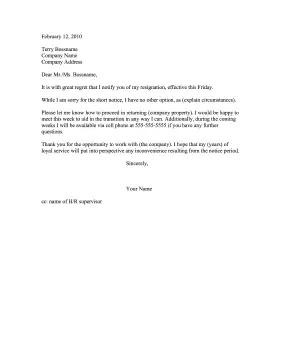 Short Notice Resignation Letter Resignation Letter
