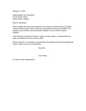 Teacher Resignation Letter Release From Contract Resignation Letter