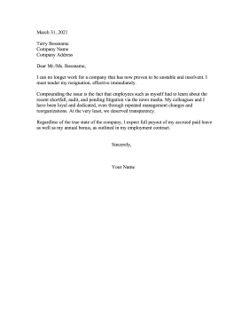 Unstable Company Resignation Letter Resignation Letter
