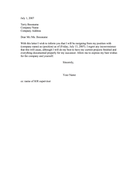 Formal Resignation Resignation Letter