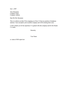 Resignation — Moving to a New Job Resignation Letter
