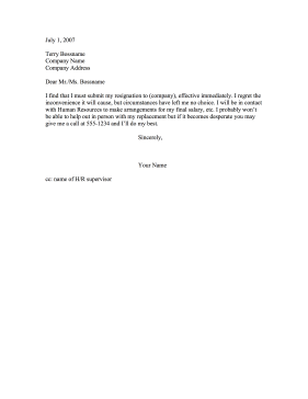 Resignation — Immediate Departure (No Notice) Resignation Letter