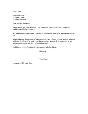 Resignation — Partner Relocating Resignation Letter