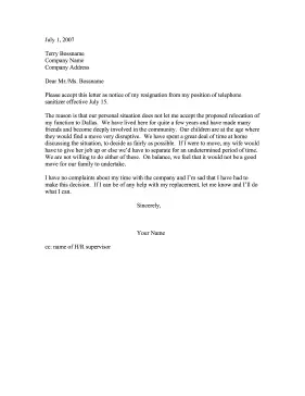 Resignation — Refusal to Relocate (Community Ties) Resignation Letter
