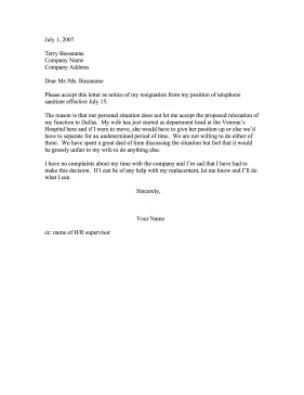 Resignation — Refusal to Relocate (Spouse's Job) Resignation Letter