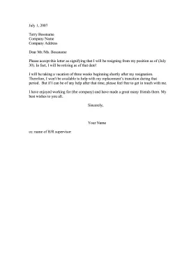 Resignation for Retirement Resignation Letter
