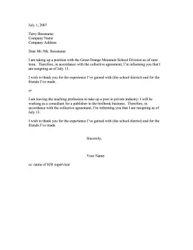 Teacher Resignation Resignation Letter