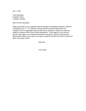 Resignation from Volunteer Position Resignation Letter